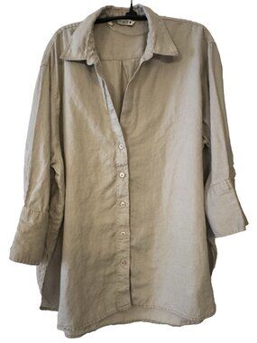 Zara Women Large Gray Button Down Oversized Linen Shirt Curved Hem 3/4 Sleeve